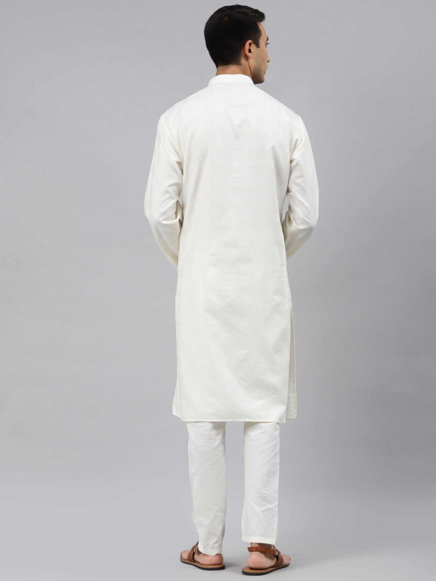 ManQ Cream Regular Fit Self Pattern Ethnic Wear