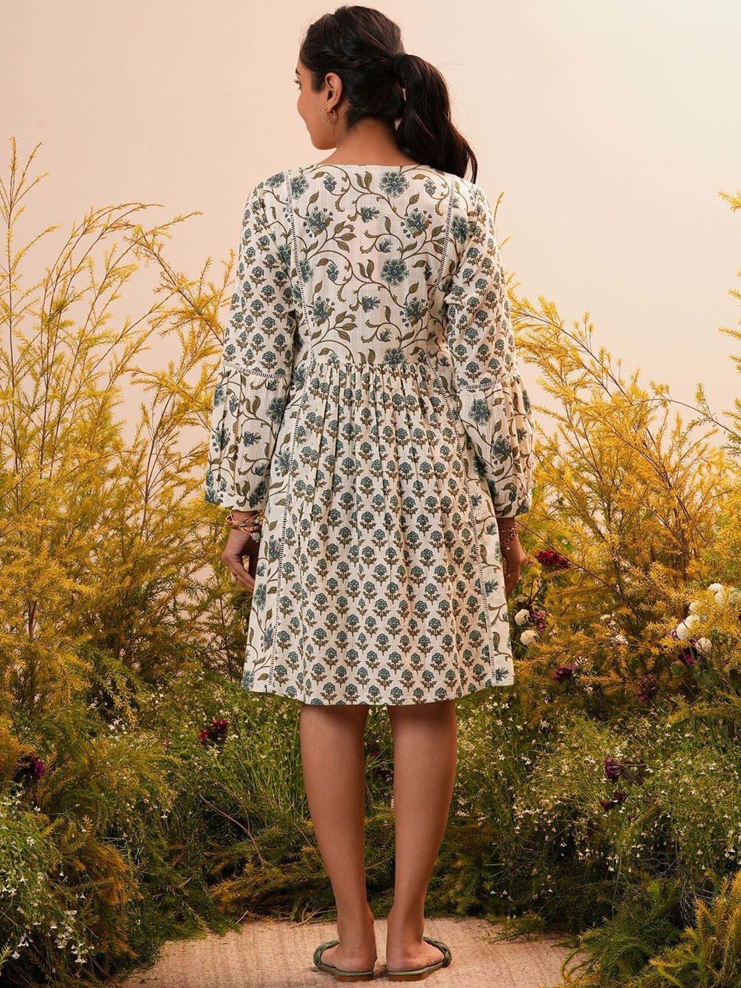 Libas Beige Cotton Printed A-Line Dress