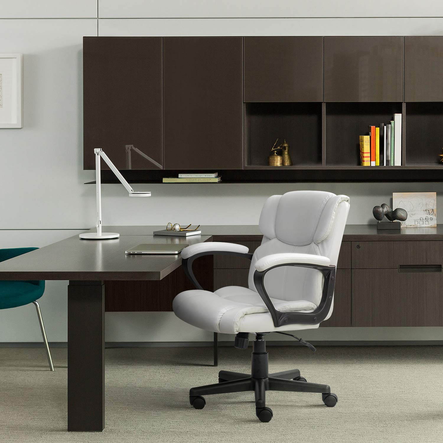 Furmax Mid Back Executive Office Chair Leather-Padded Desk Chair with Armrests, Ergonomic Swivel Task Chair with Lumbar Support (Black)