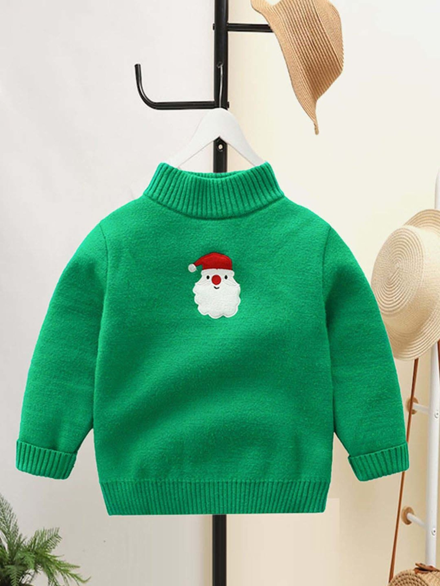 Little Surprise Box Santa Monogram Green Printed Full Sleeves Sweater