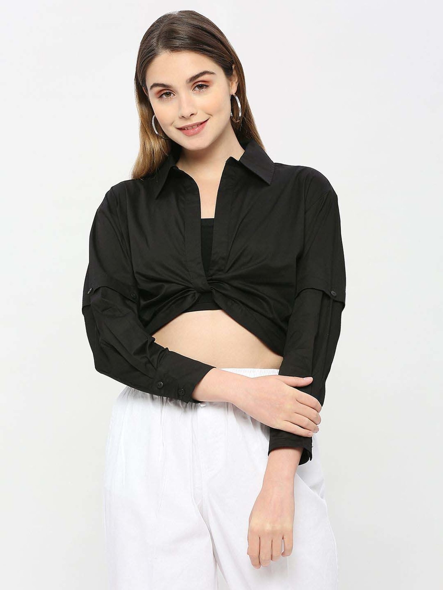 Remanika Black Pure Cotton Cropped Tie Knot Shirt