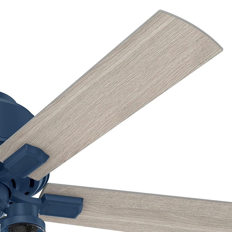 Hunter Fan Company Hartland Low Profile 52" Indoor Home Ultra Quiet Ceiling Fan w/ Light Gray Oak Blades, Pull Chain, & LED Lights, Indigo Blue