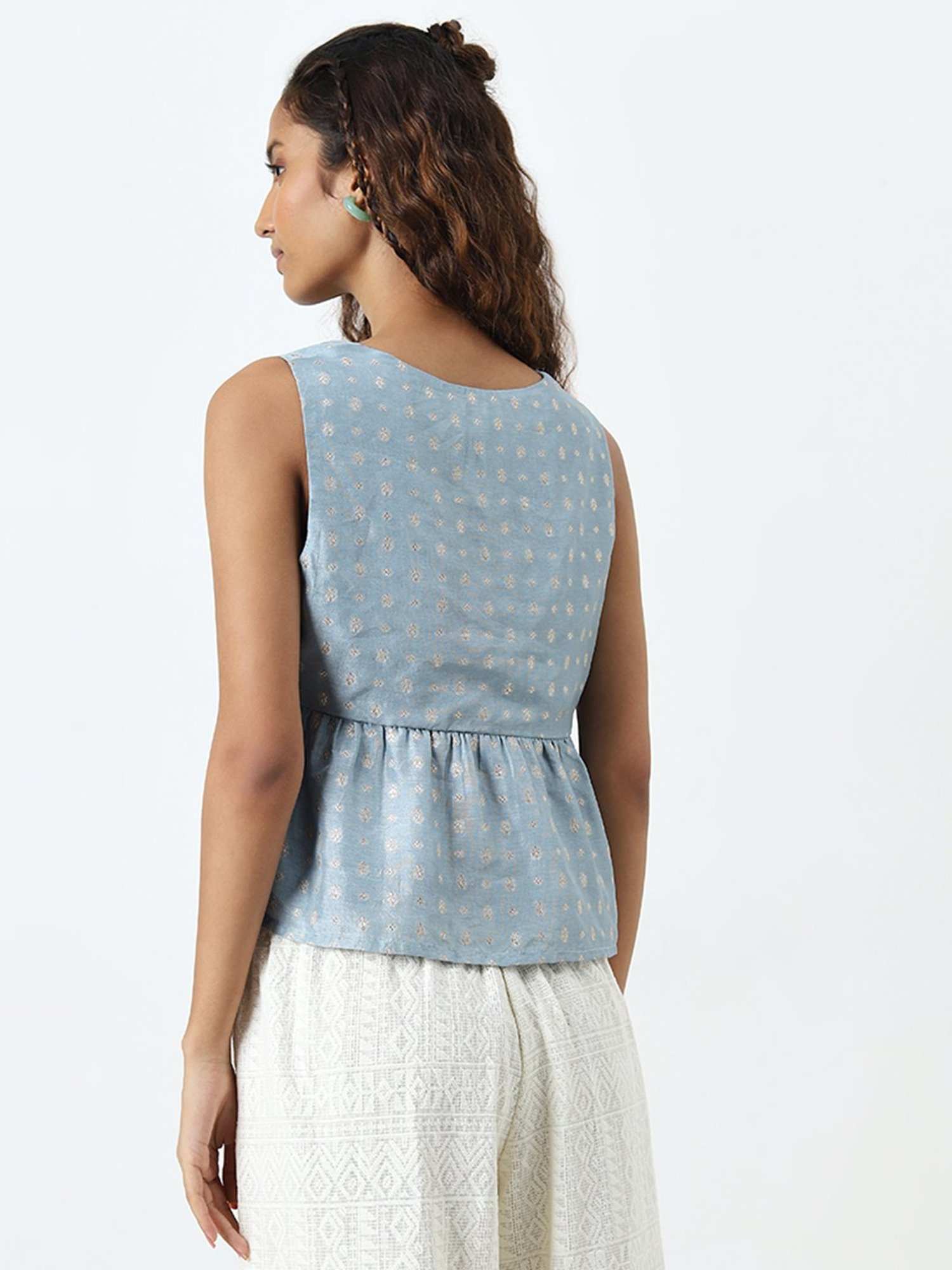 Bombay Paisley by Westside Light Blue Embellished Knot-Detailed Top