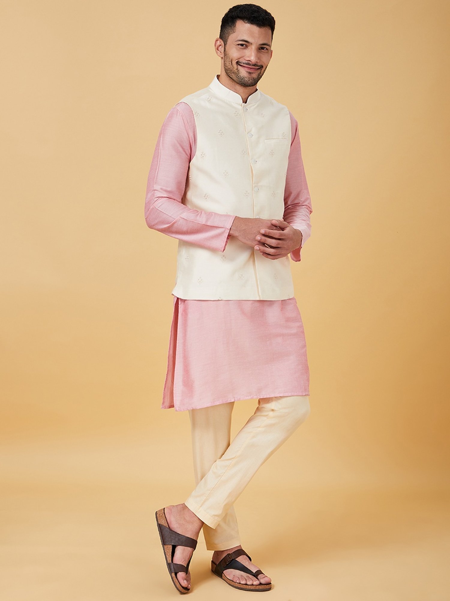 Indus Route By Pantaloons Beige Regular Fit Embroidered Nehru Jacket