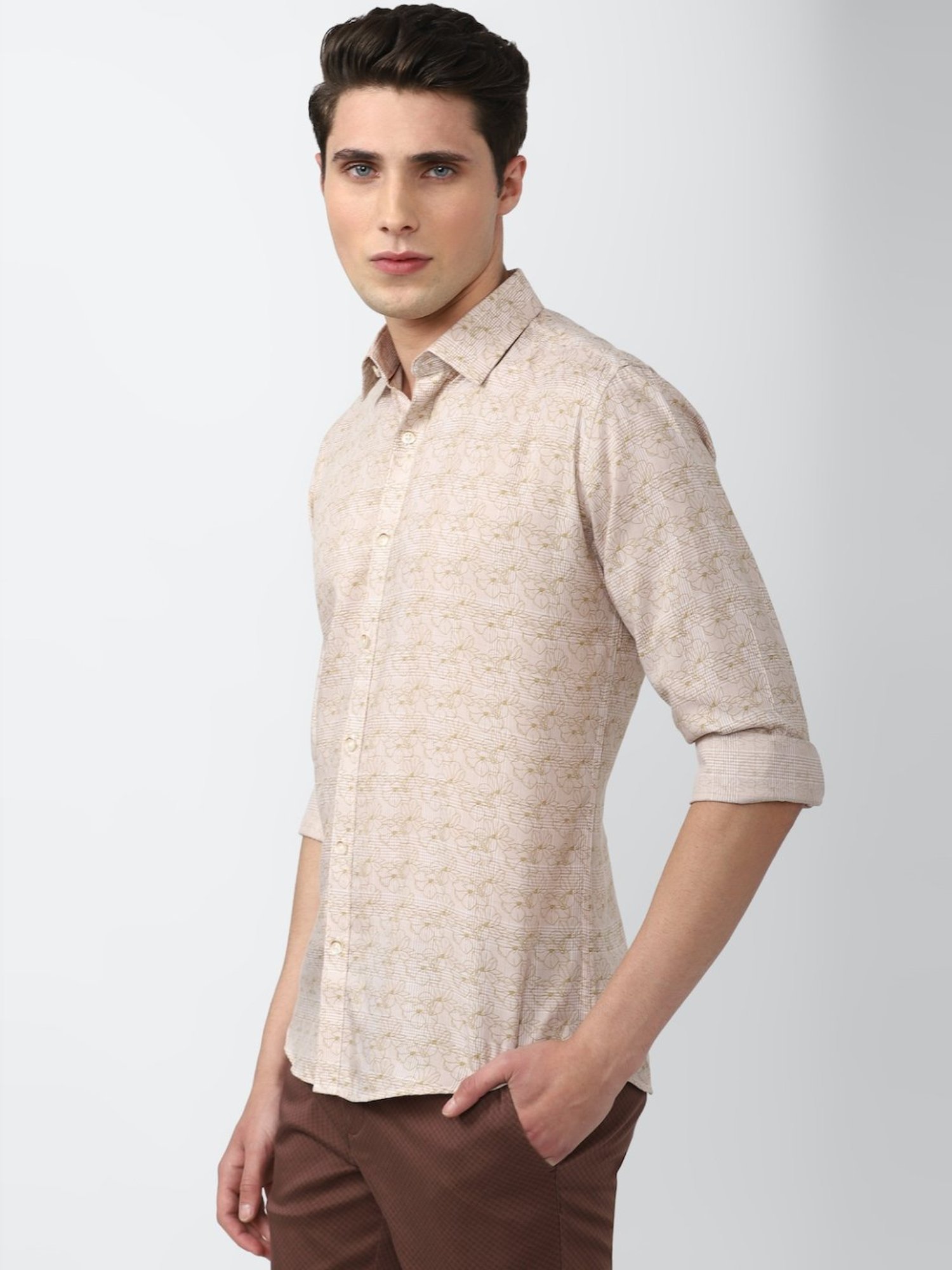 V Dot Beige Slim Fit Printed Shirt