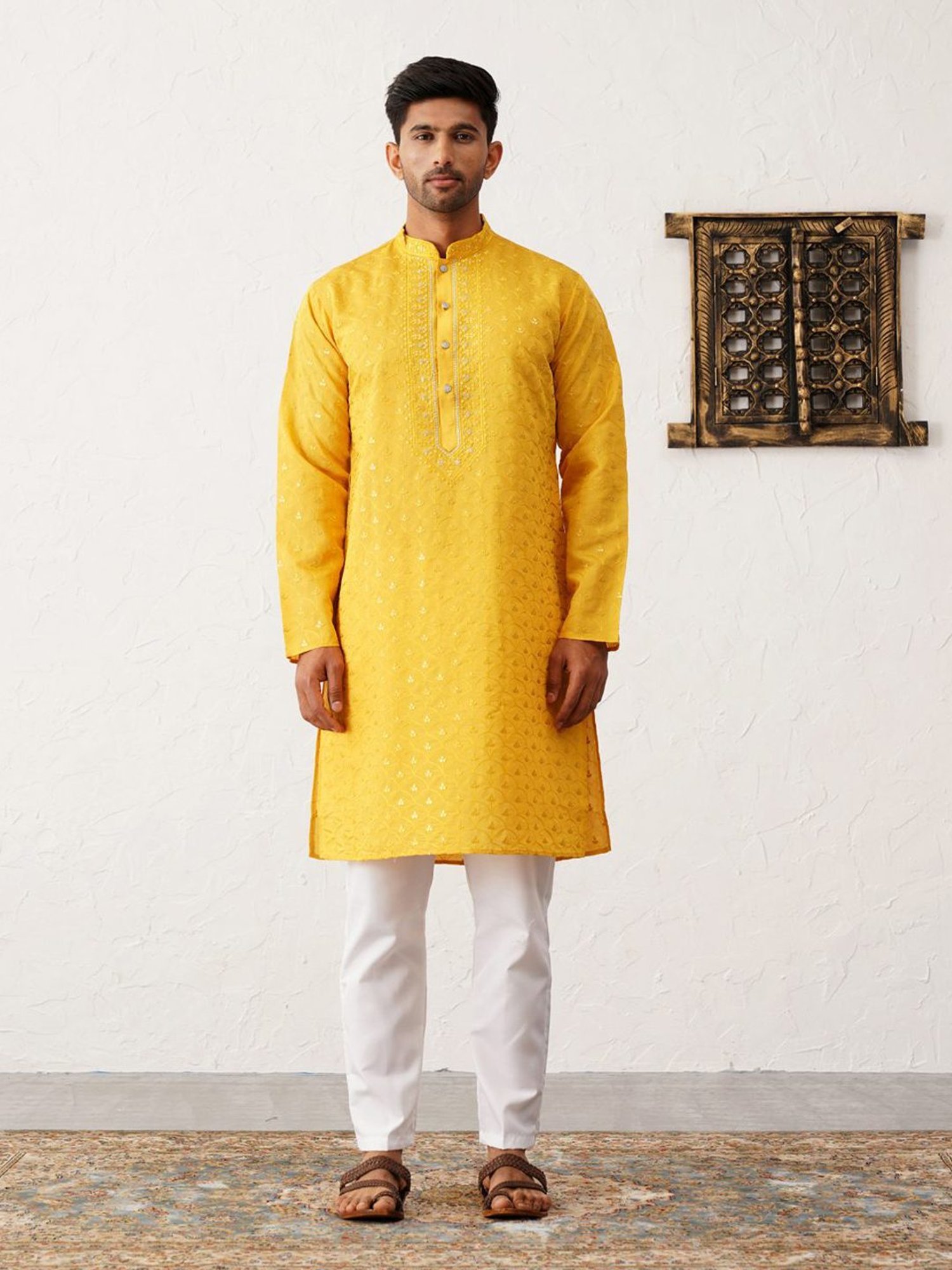 Jompers Yellow & White Regular Fit Embroidered Kurta Bottom Set