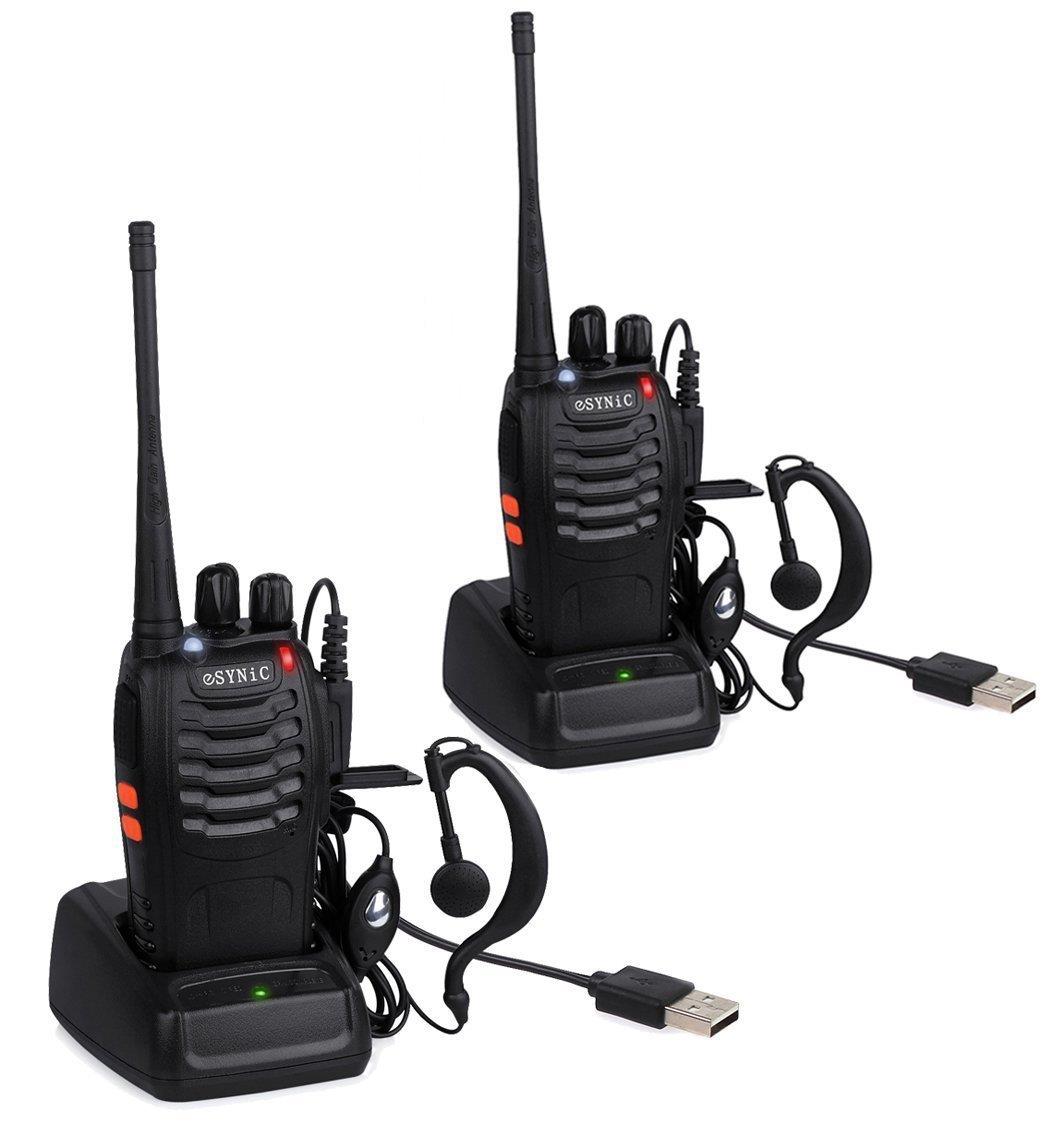 ESYNIC Rechargeable Walkie Talkies with Earpieces 2 pcs Long Range Two-Way Radio 16 Channel UHF USB Cable Charging walky talky Handheld Transceiver with Flashlight