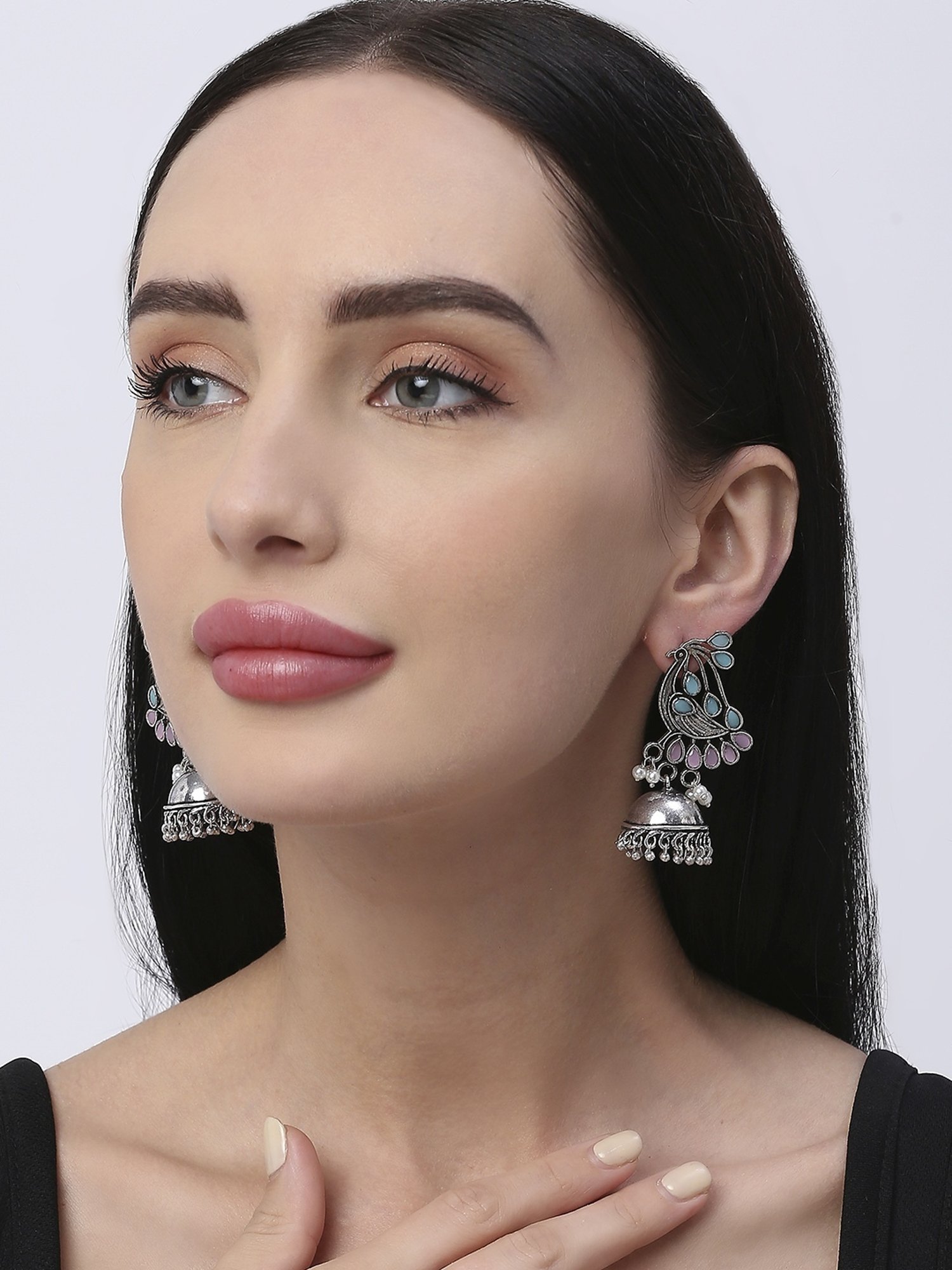 OOMPH Jewellery Oxidized Silver Look Alike Pearls Laxmi Ethnic Jhumki