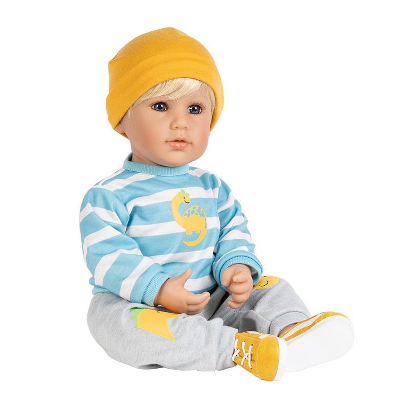 Adora Toddler Doll "Dino Boy" in Striped and Dino print top, coordinating Dino Pants and Yellow Sneakers