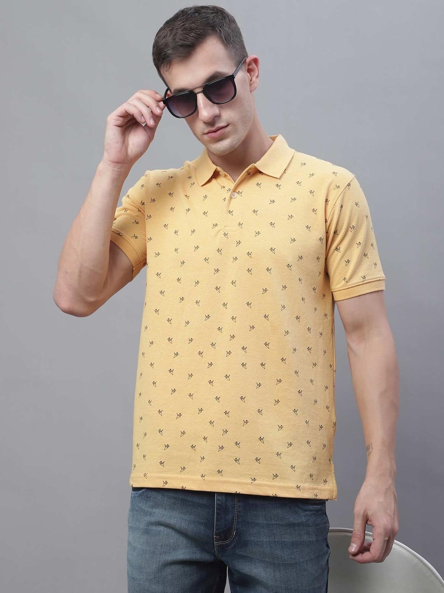 Cantabil Yellow Regular Fit Printed Polo T-Shirt