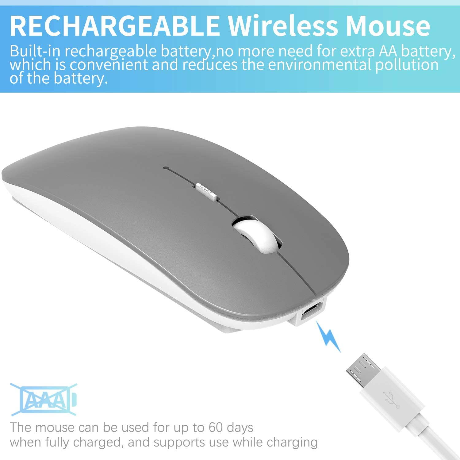 2.4GHz Wireless Bluetooth Mouse, 3 Adjustable DPI, Dual Mode Slim Rechargeable Wireless Mouse Silent USB Mice,Compatible for Laptop Windows Mac Android MAC PC Computer (Silver)