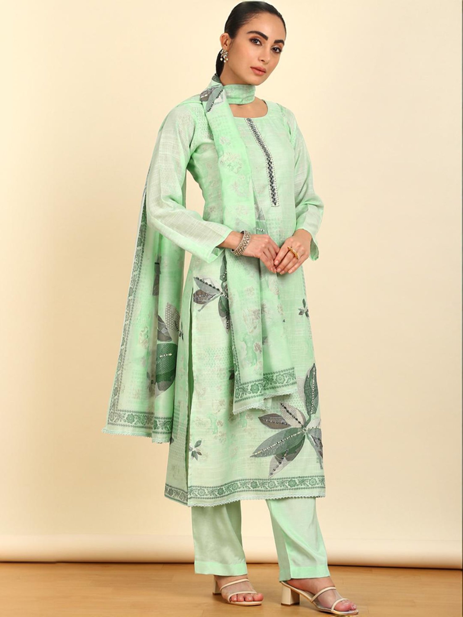 Soch Womens Sap Green Floral Print Linen Unstitched Dress Material With Mirrors