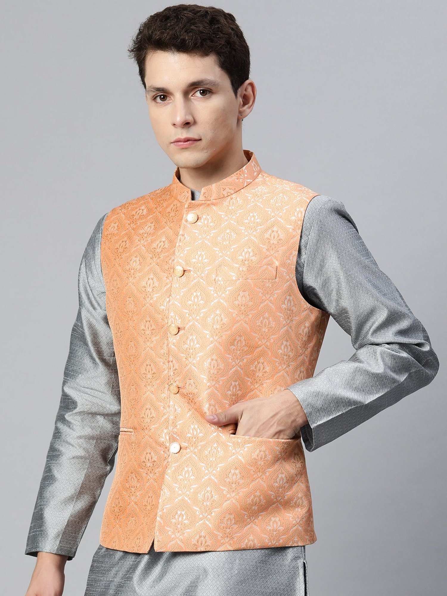 ManQ Peach Slim Fit Nehru Jacket