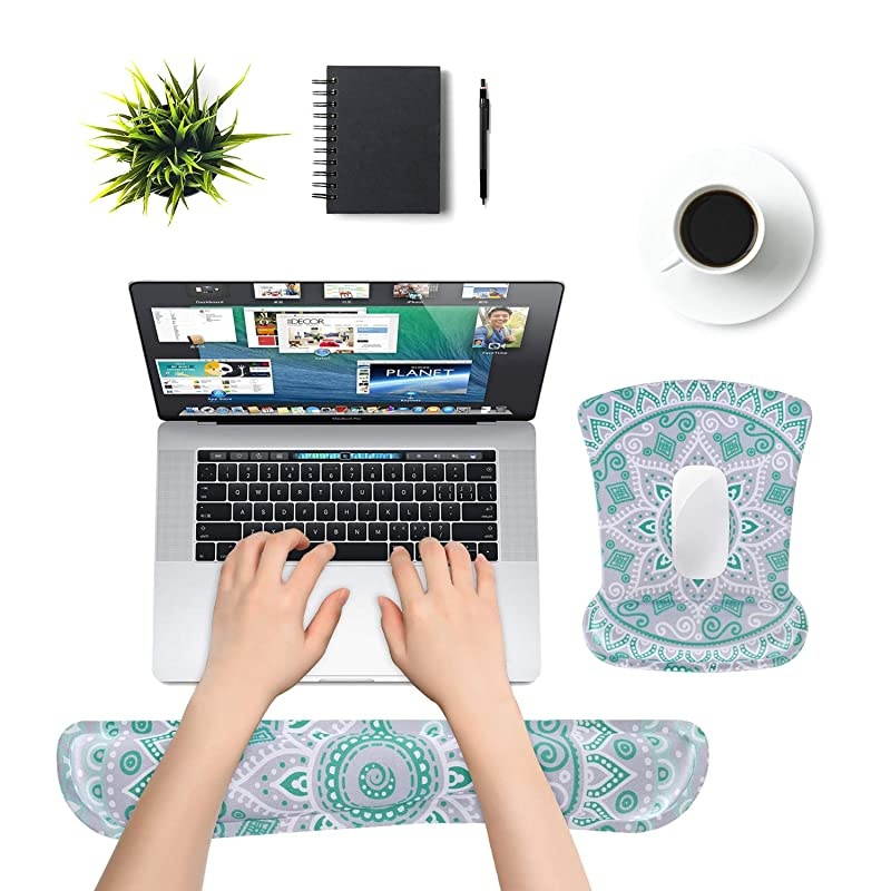 Wrist Rest Support for Mouse Pad Keyboard Set Ergonomic Mousepad NonSlip Rubber Base HomeOffice Pain Relief Easy Typing Cushion with Neoprene Cloth Raised Memory Foam Mint Mandala