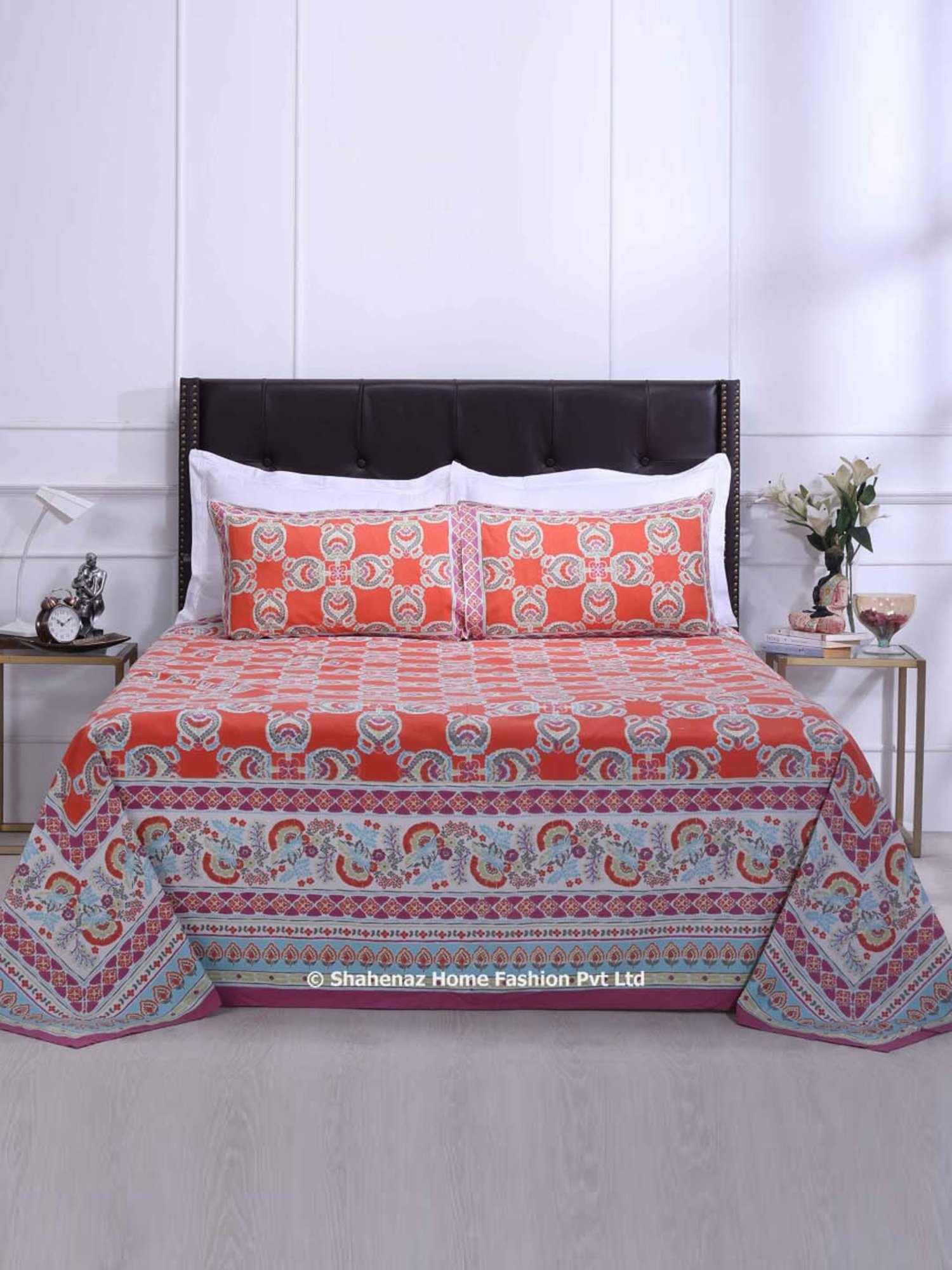 Shahenaz Orange 120 TC Cotton Azia Double Bedsheet with 2 Pillow Covers