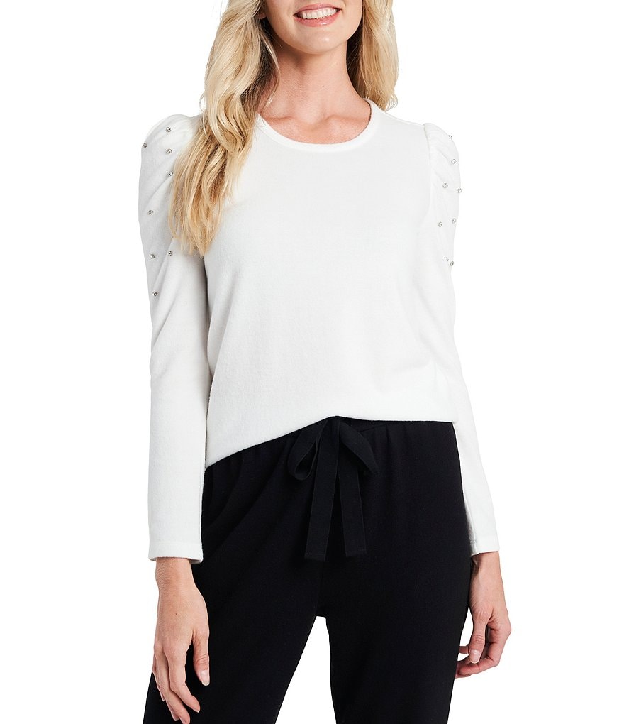 CeCe Long Sleeve Rhinestoned Puff Shoulder Knit Top