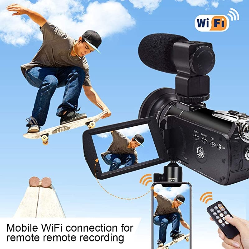 Video Camera,  4K Camcorder WiFi Ultra HD Vlogging Camera for YouTube, 3.1'' IPS Screen 30X Digital Zoom Night Vision Video Camera with Microphone, Wide Lens, 32GB Card, 2 Batteries