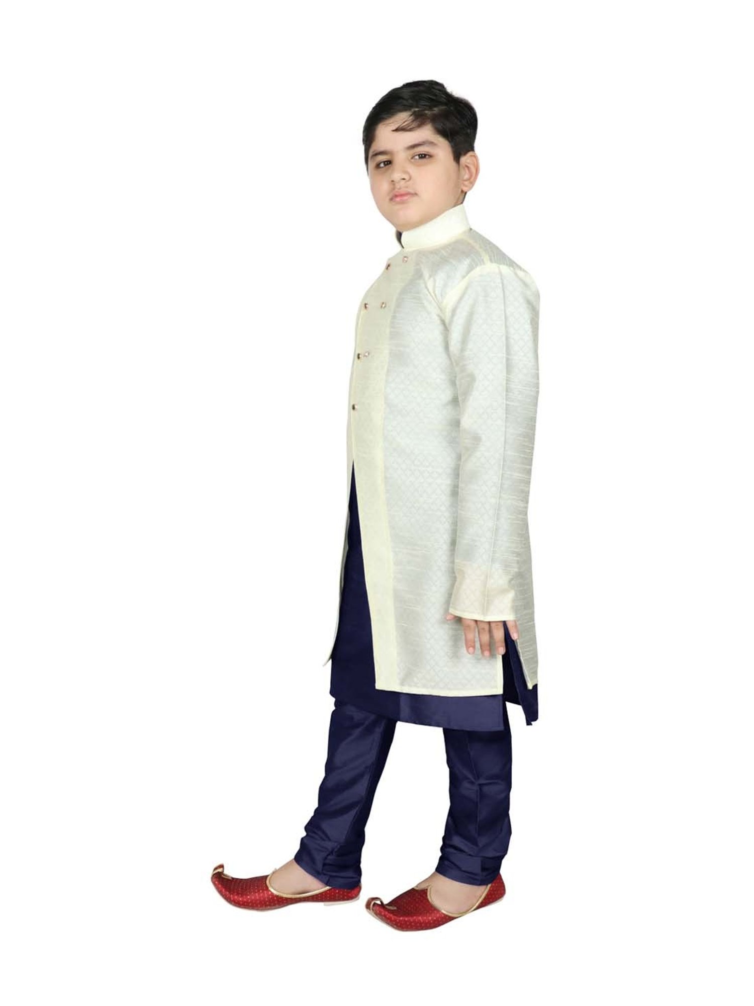 SG Yuvraj Kids White & Navy Textured Pattern Full Sleeves Kurta Set