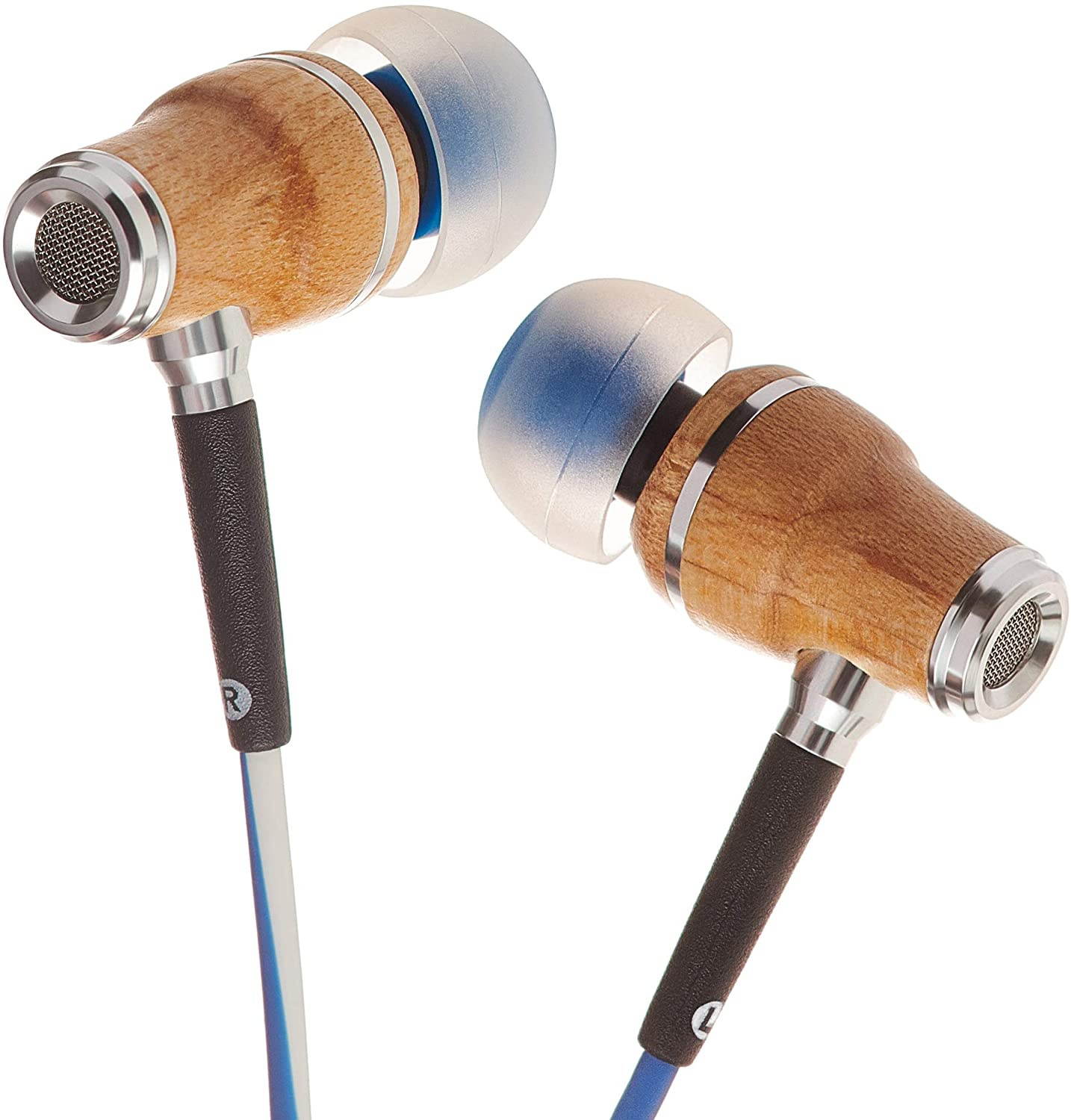 Symphonized NRG X Wood Earbuds Wired with Microphone, Stereo in Ear Headphones for Computer & Laptop, Noise Isolating Earphones for Android Cell Phone with Booming Bass (Blue & White)