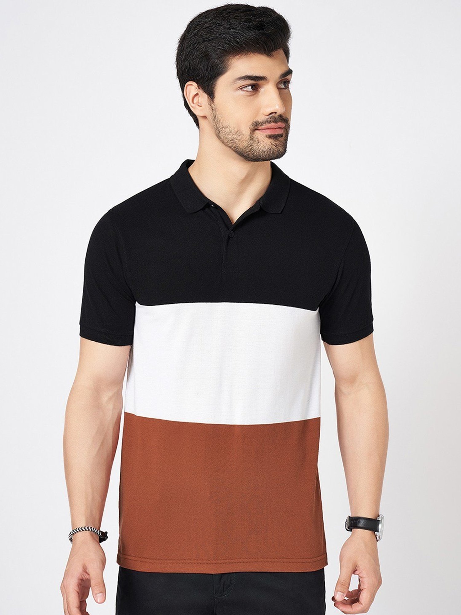 Byford By Pantaloons Multicolored Cotton Slim Fit Colour Block Polo T-Shirt