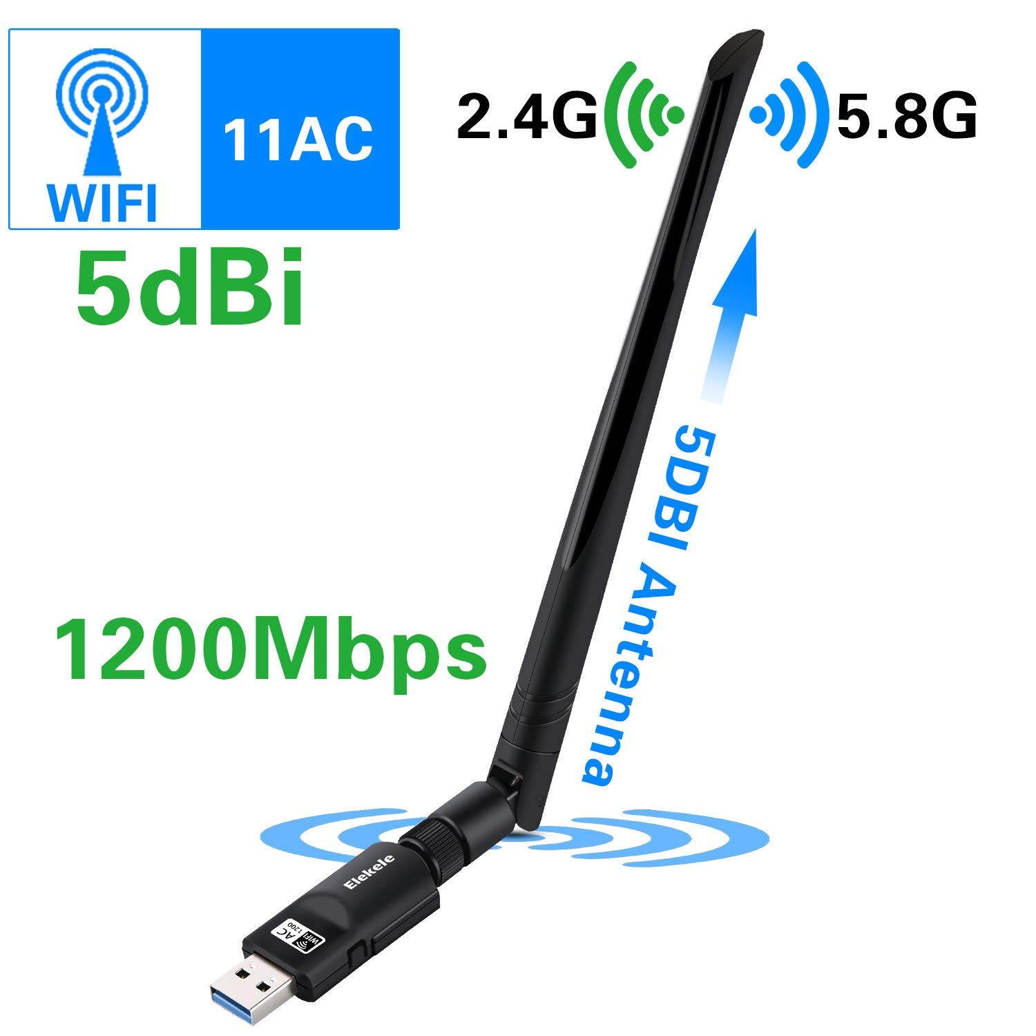 USB Wifi Adapter, 1200Mbps USB 3.0 Wifi Dongle 802.11 ac Wireless Network Adapter with Dual Band 2.4GHz/300Mbps+5GHz/866Mbps 5dBi High Gain Antenna for Desktop Windows XP/Vista/7/8/10 Linux Mac