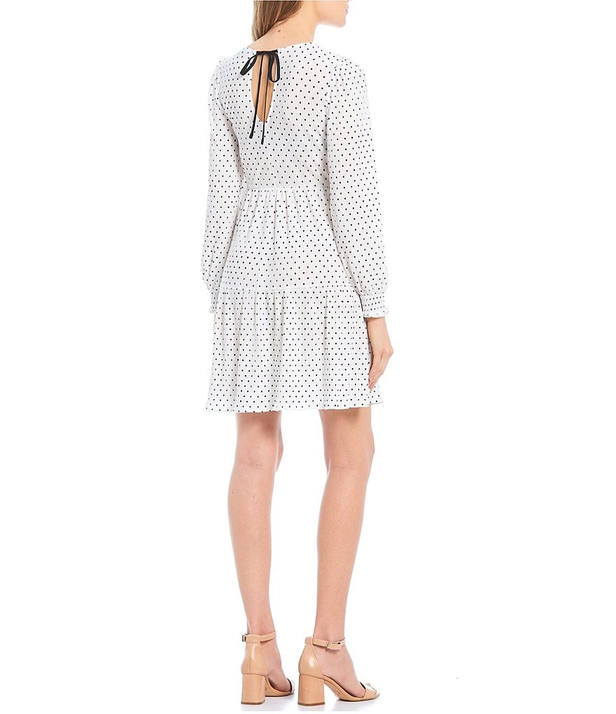 Midnight Doll Long-Sleeve Tiered Dotted Print Babydoll Dress