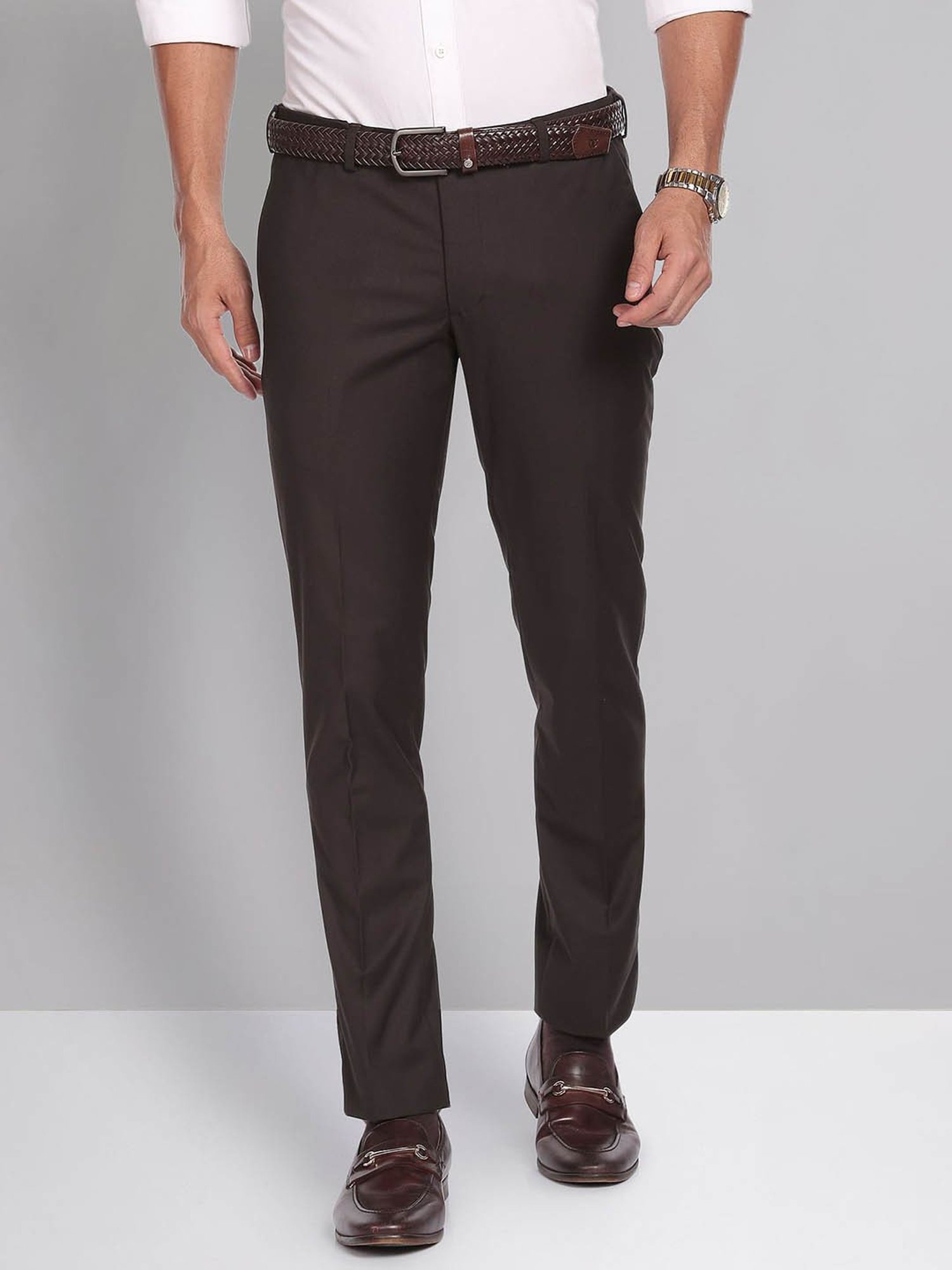 AD by Arvind Brown Slim Fit Flat Front Trousers