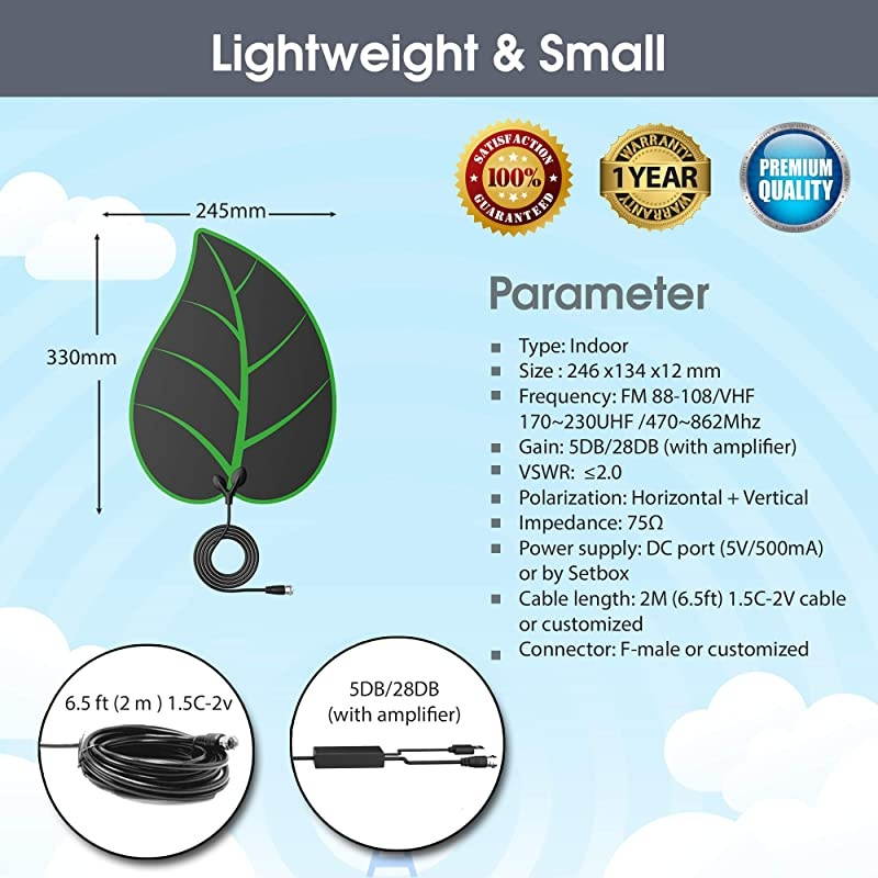 Antenna for Digital Indoor-HD High Definition Television &ndash; Smart Signal Strength Amplifier Premium Power Booster Long Range Antennas, Clear Channel Reception Miles Away - Adapter with 9.8f Cable