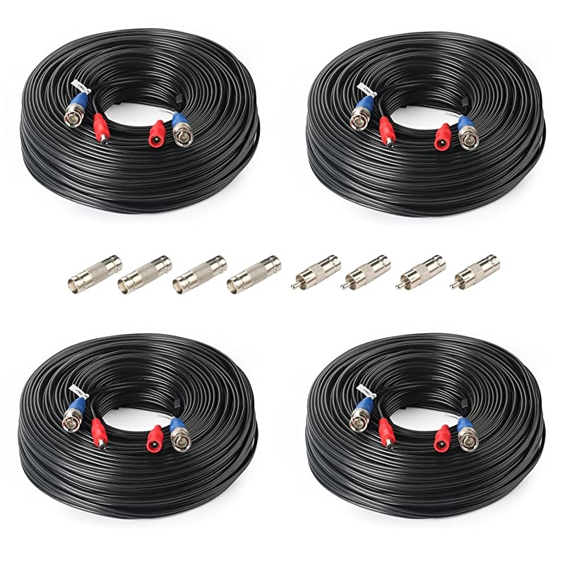 4Pack 33Feet BNC Vedio Power Cable Pre-Made Al-in-One Camera Video BNC Cable Wire Cord for Surveillance CCTV Security System with Connectors(BNC Female and BNC to RCA)