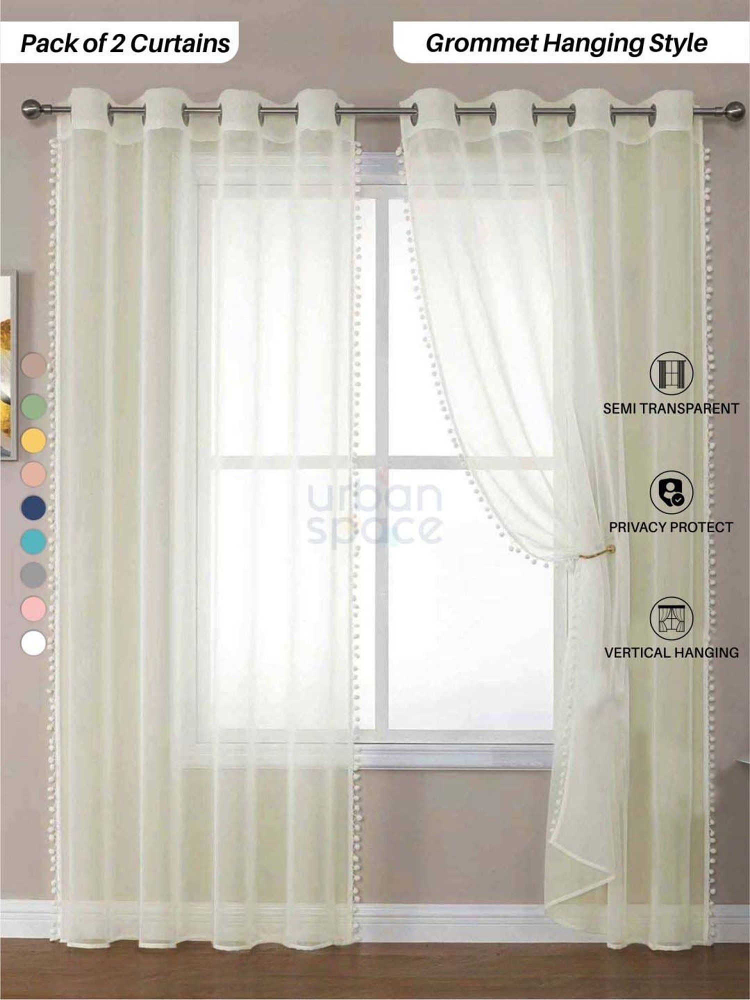 Urban Space Cream Polyester Door Curtain With Tieback & Eyelet - Set of 2