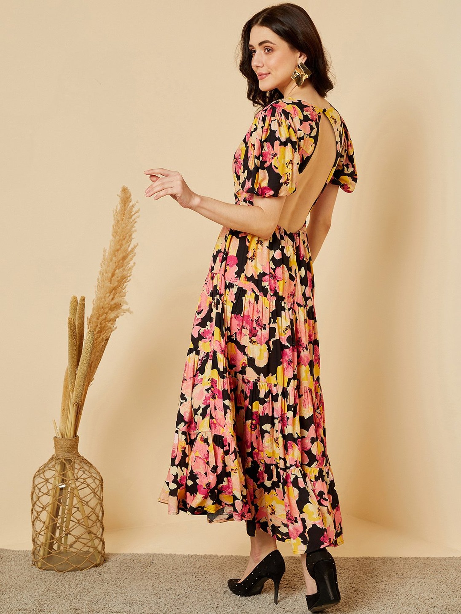 Magre Multicolor Floral Print Midi Dress