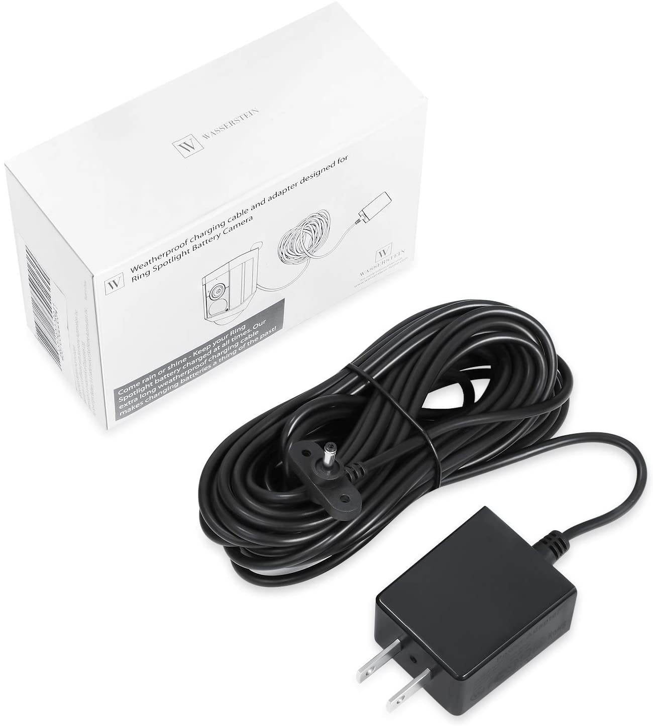Wasserstein Weatherproof Integrated Charger for Ring Spotlight Cam Battery & Ring Stick Up Cam Battery - Extra Long and Thin 21ft Cable (Black)