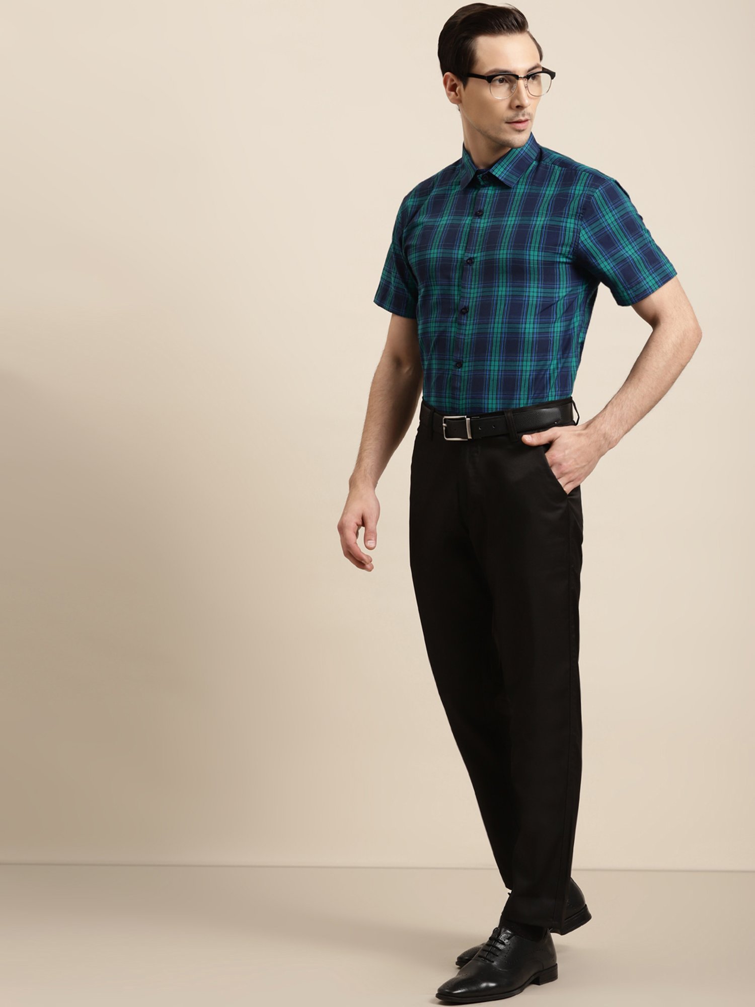 Sojanya Navy Cotton Regular Fit Checks Shirt