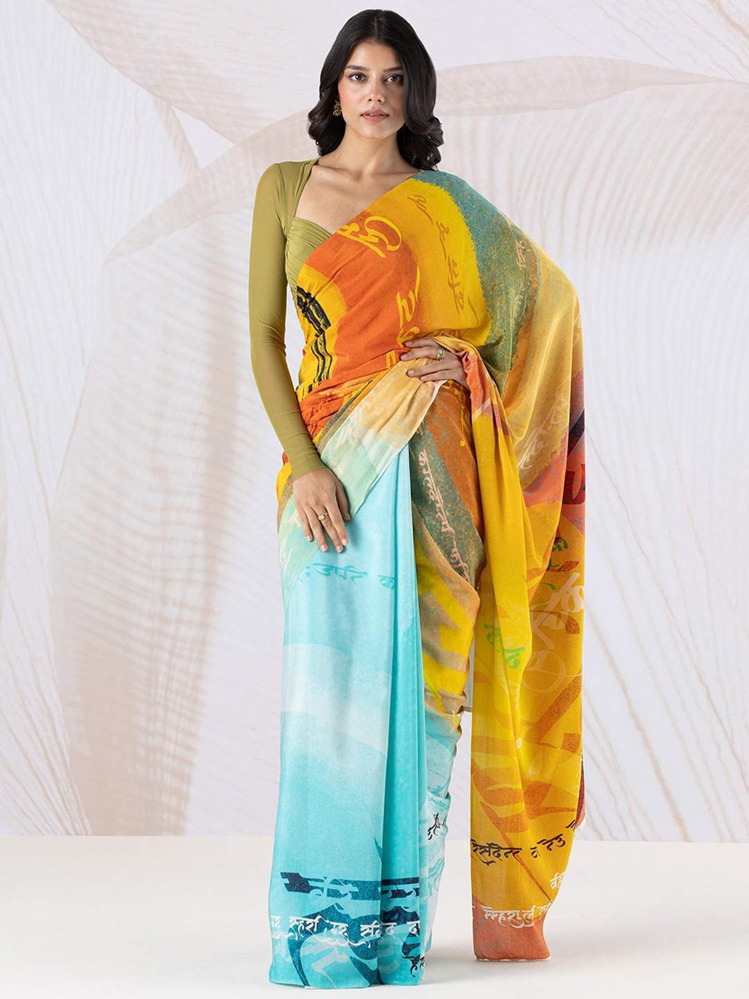 navyasa by liva Yellow & Blue Printed Saree With Unstitched Blouse