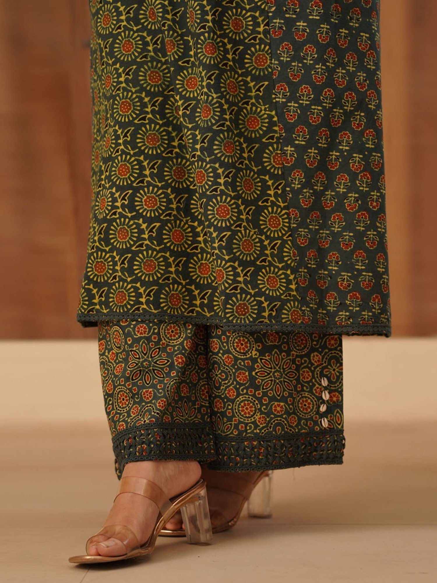 Love Chic Ajrakh Cotton Palazzo with cowrie shells and crochet lace