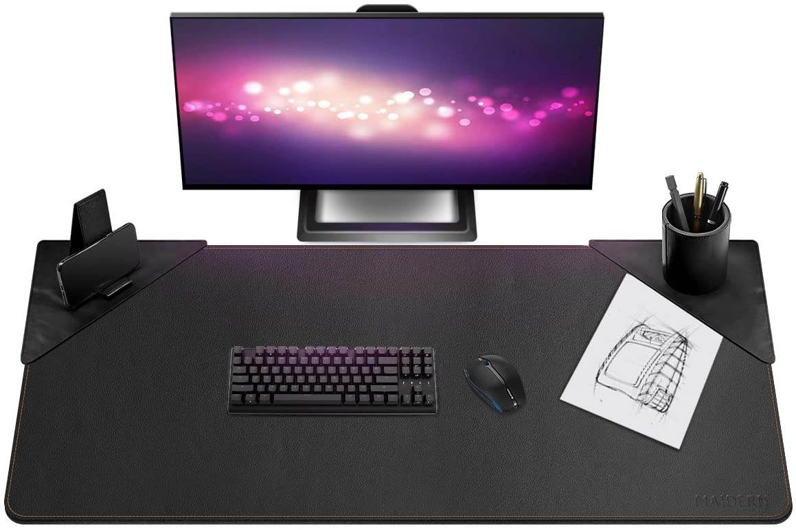 Leather Desk Pad - 47.2 x 19.6 Inch Desk Mat Accessories for Women Men Desk Protector Extended Mouse Pad for Office/Home with Pen Holder and Cell Phone Stand (Black)