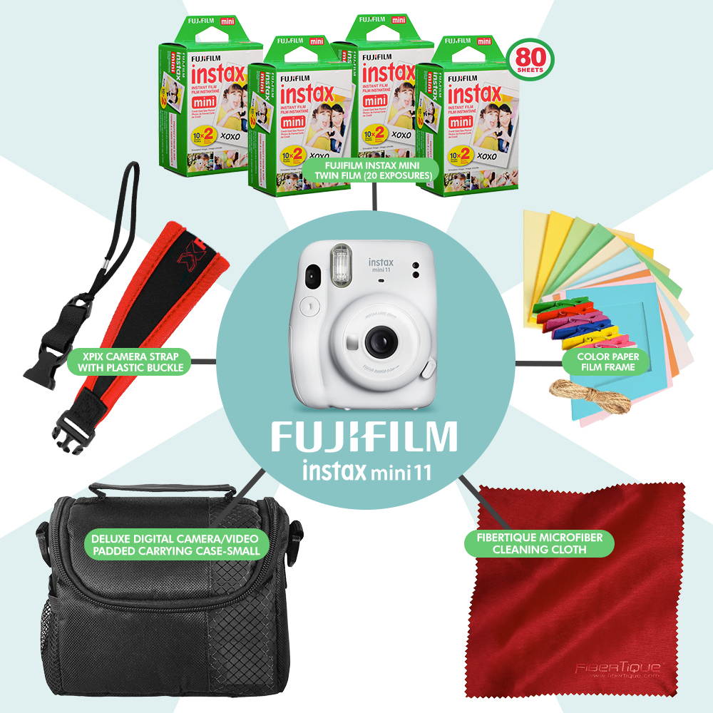 FUJIFILM INSTAX Mini 11 Instant Film Camera (Ice White) + ACCESSORY BUNDLE THAT INCLUDES 4X Fujifilm Instax Mini Twin Film (80 Exposures), Camera Carrying Case, Camera Strap & Funky Film Frames
