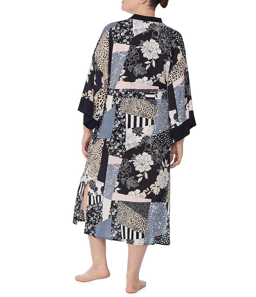 Kensie Plus Mixed Patchwork Print Woven Long Wrap 3/4 Sleeve Robe
