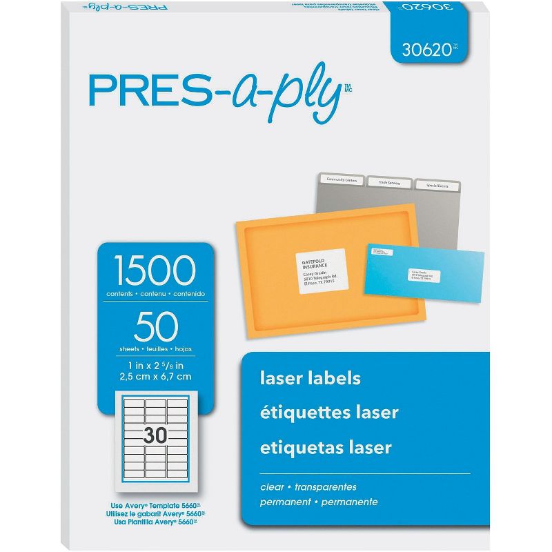 Pres-A-Ply Laser Address Labels 1 x 2 5/8 Clear 1500/Box 30620
