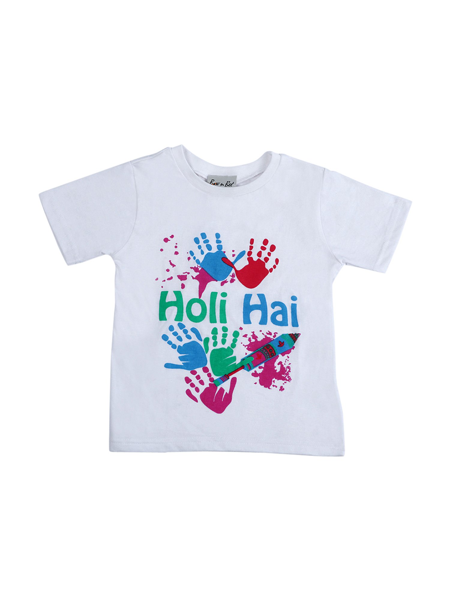 BownBee Kids White Cotton Holi Printed T-Shirt