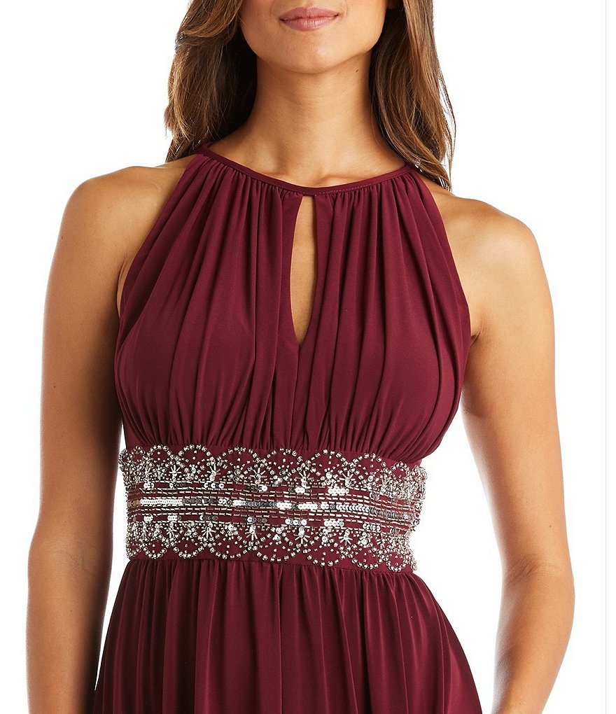 R & M Richards Beaded Waist Keyhole Neck A-Line Gown