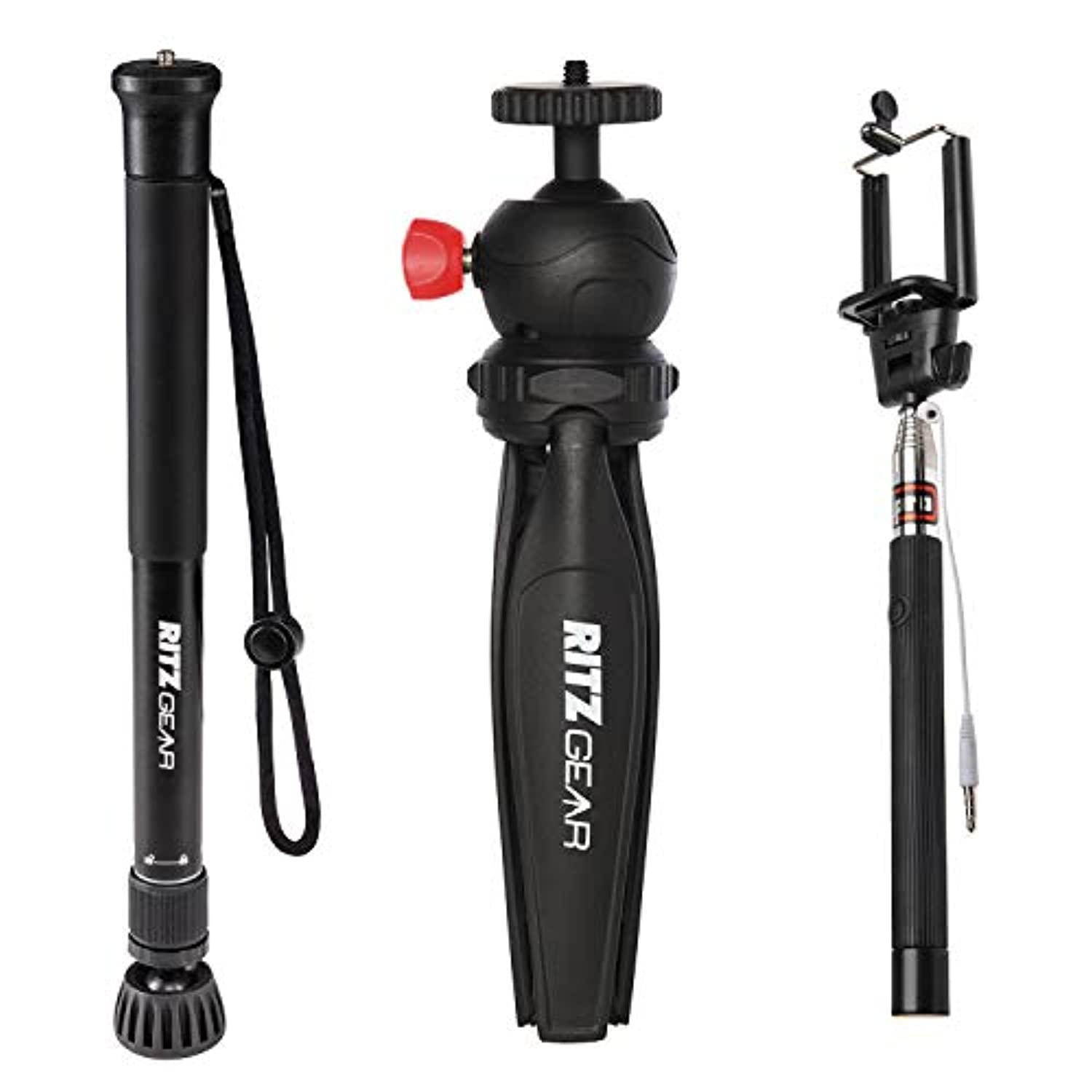 ritz gear tripod bundle includes 60" monopod, tabletop tripod and telescoping selfie-stick