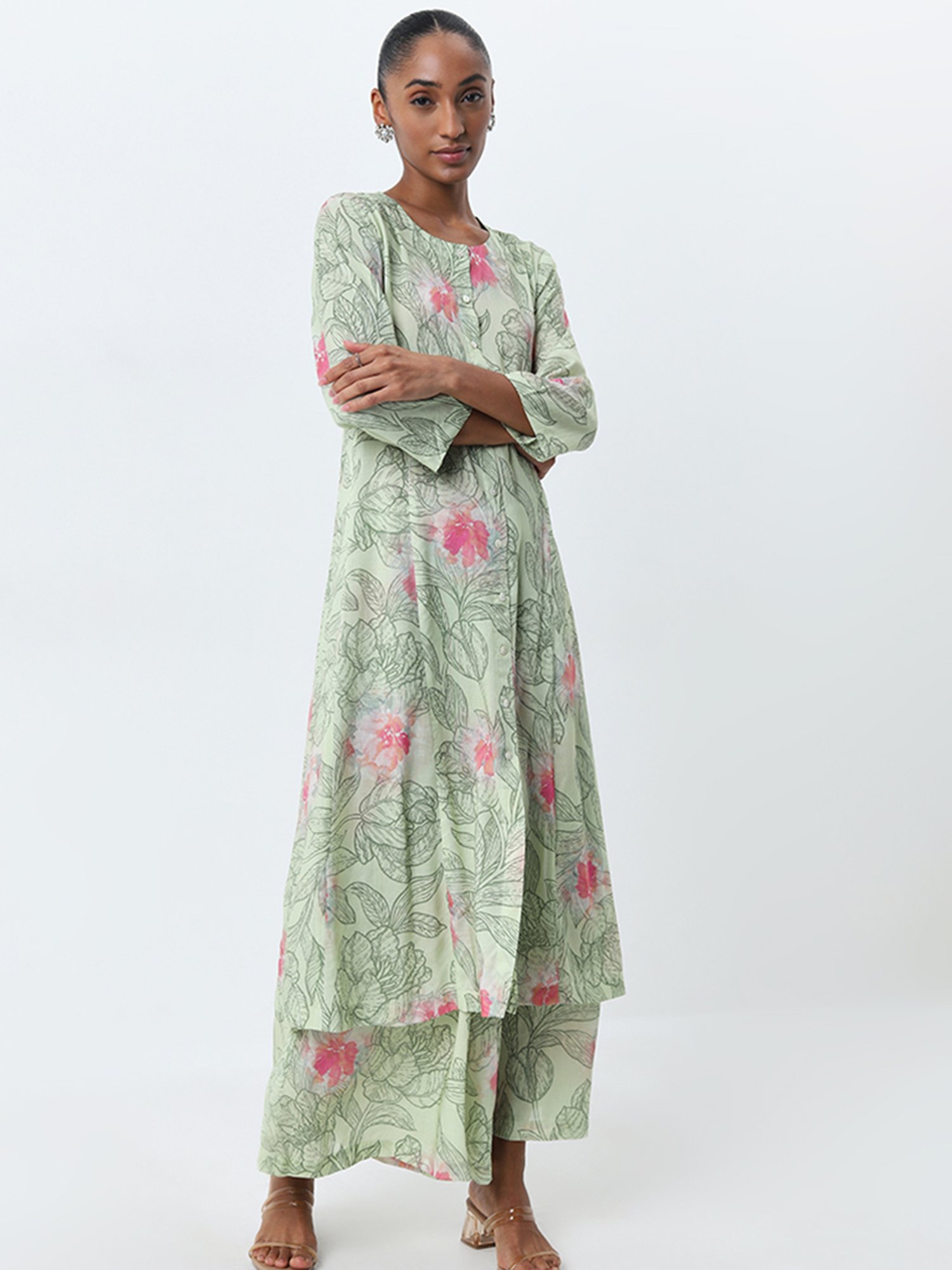 Zuba by Westside Light Green Leaf Printed A-Line Kurta