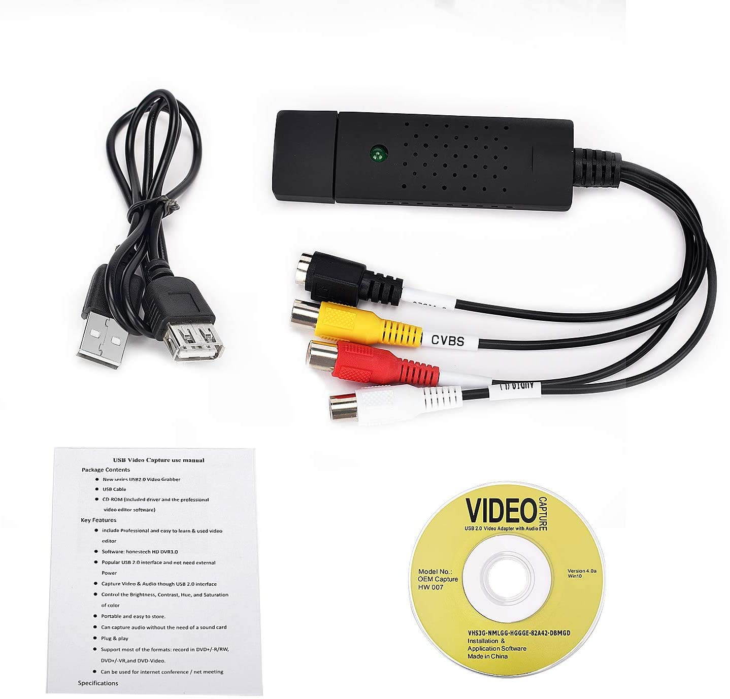 Hannord USB Video Capture Converter, Digitize and Edit Video, VCR VHS to DVD, Analog Video to Digital PC for Windows 7 8 10