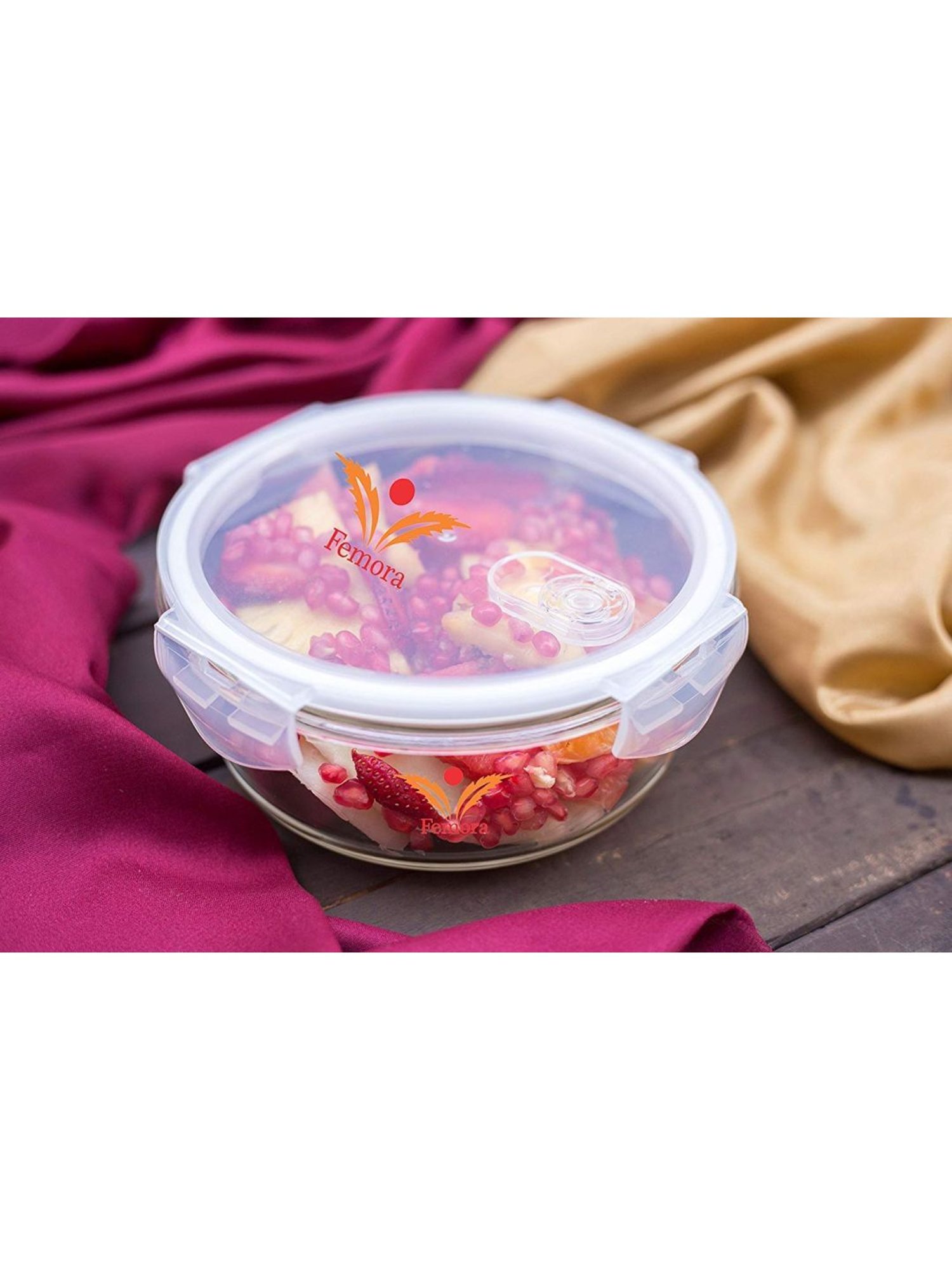 Femora Borosilicate Glass Round Storage Container with Air Vent Lid (940 ml) - Set of 1