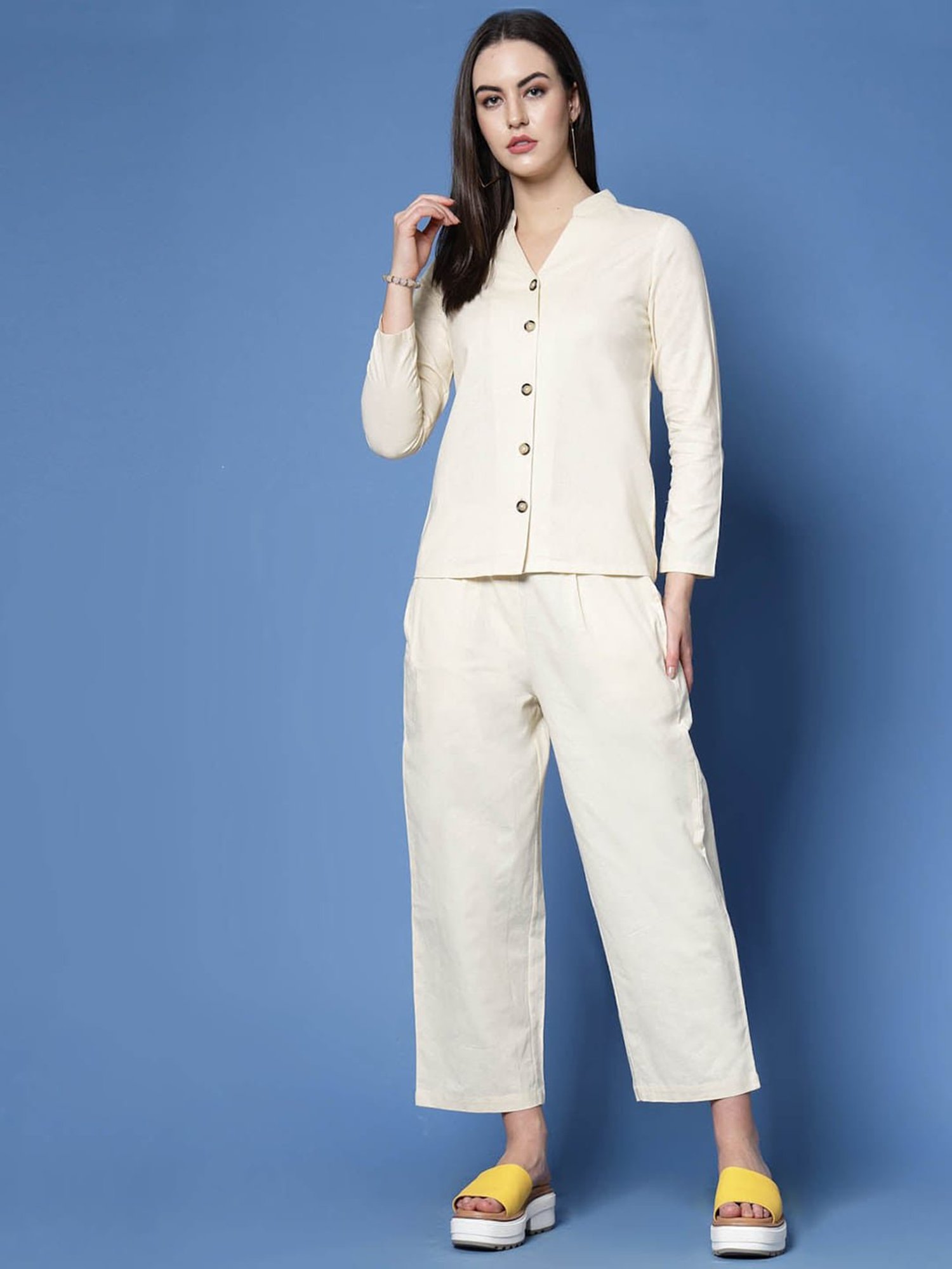Melon by PlusS Cream Cotton Shirt With Trousers