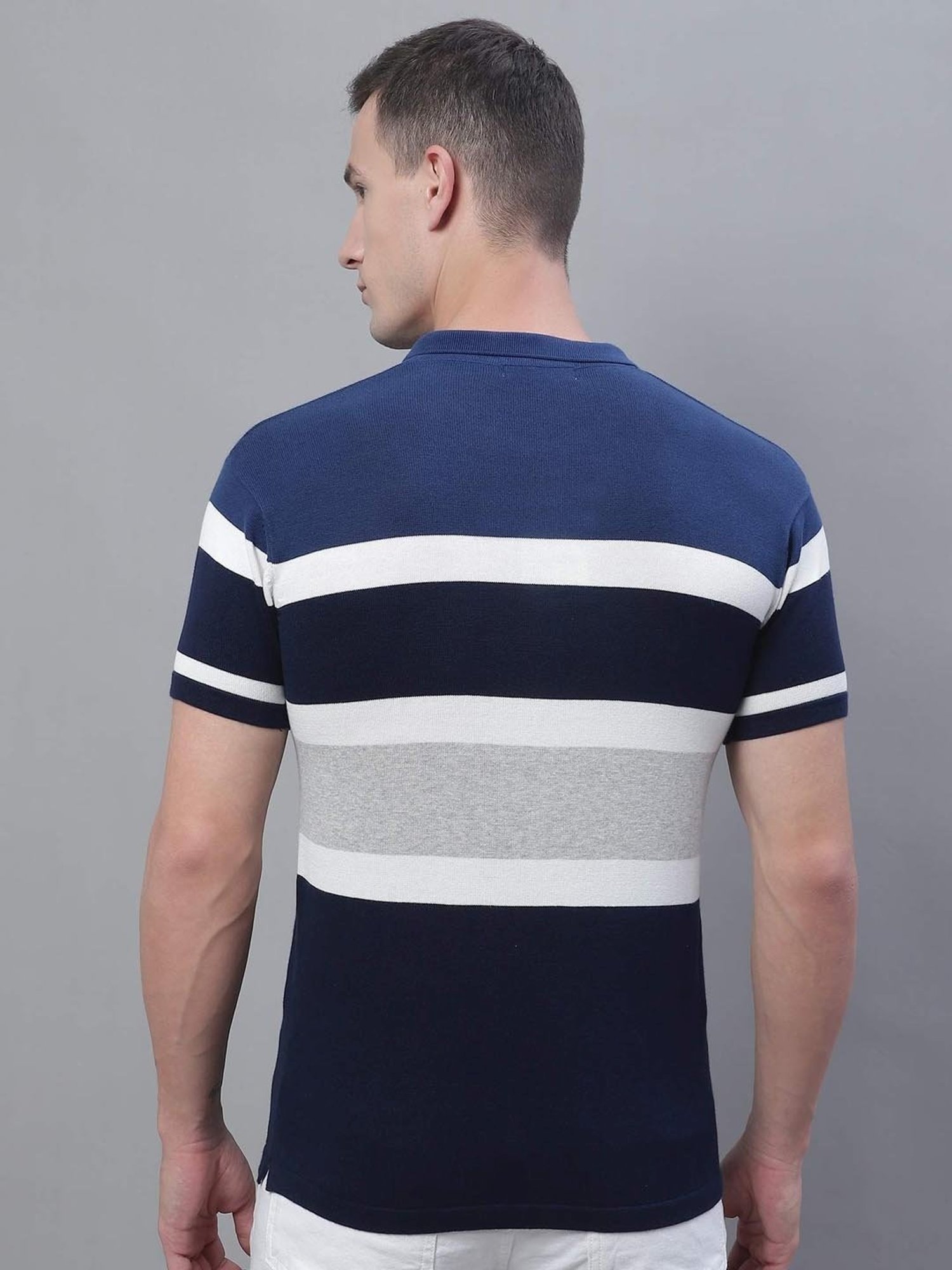 Cantabil Blue Cotton Regular Fit Striped Polo T-Shirt