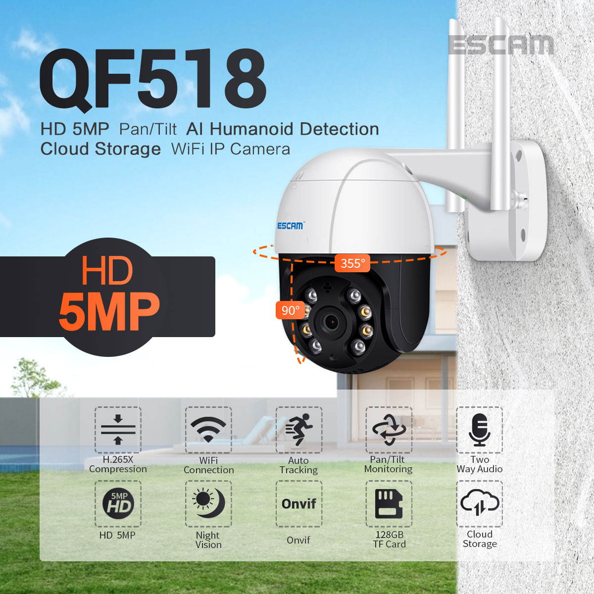 ESCAM QF518 5MP Pan/Tilt AI Humanoid Detection Auto Tracking Cloud Storage Waterproof WiFi IP Camera with Two Way Audio Night Vision