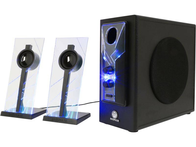 GOgroove BassPULSE Computer Speaker System with Blue LED Glow Lights & Powered Subwoofer - Works with PC, Apple MAC, ASUS, Acer, Alienware, CybertronPC, Dell, HP & More Computers