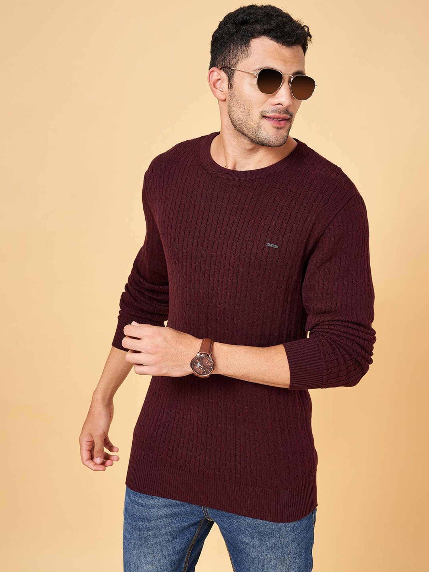Byford by Pantaloons Maroon Cotton Slim Fit Self Pattern Sweater